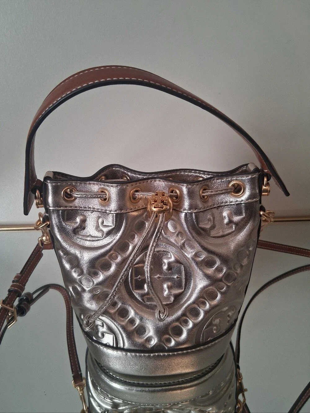 Tory Burch Mini T Monogram Metallic Bucket Bag